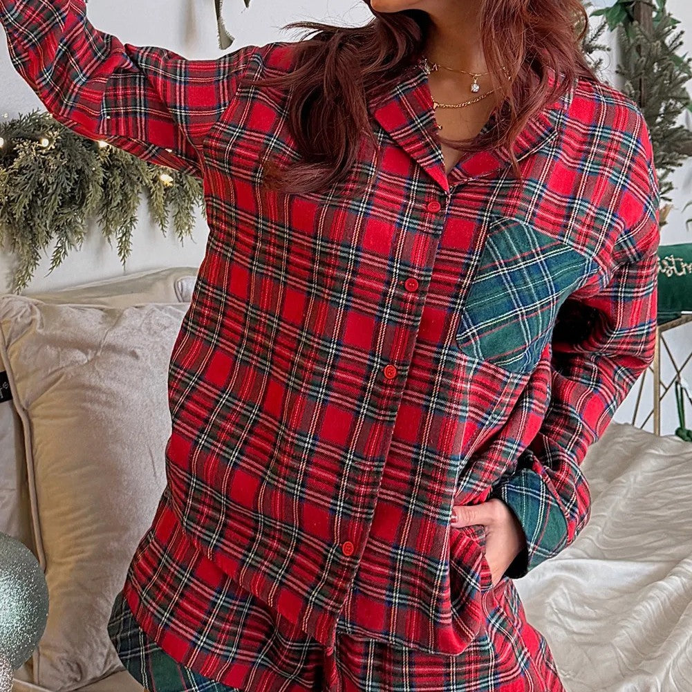 Red Plaid Contrast Patched Christmas Holiday Long Sleeve Shirt And Short 2pcs Pajama Set