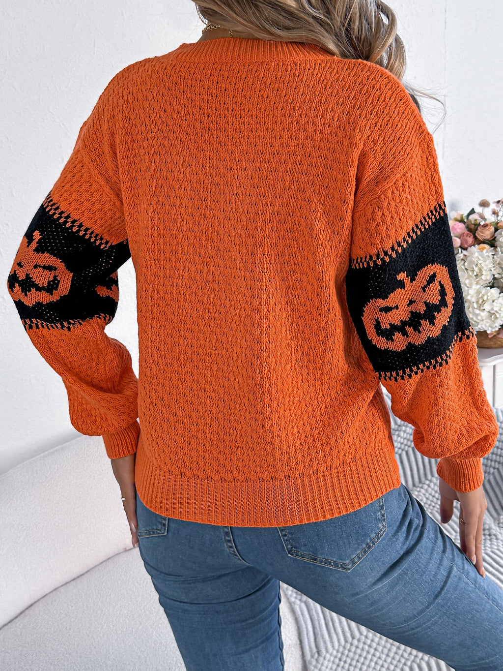 Women Pumpkin Head Color Block Long Sleeve Pullover Sweater