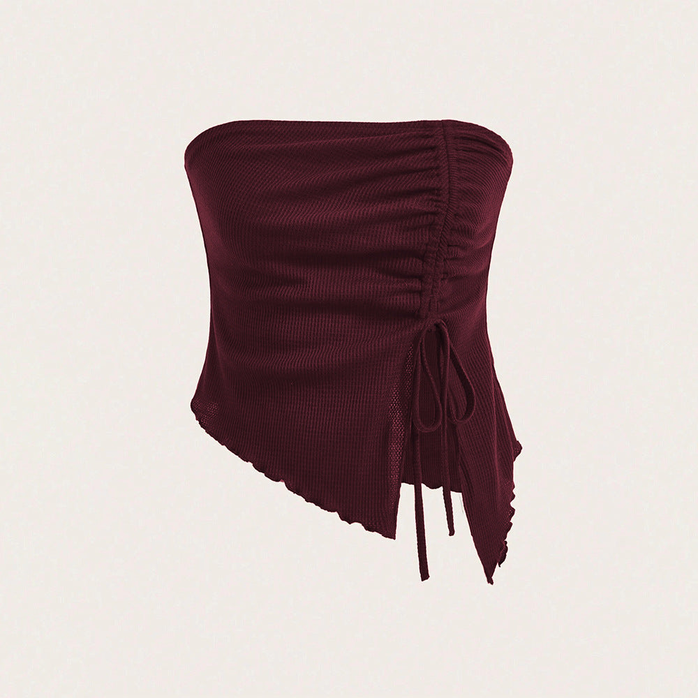 Women's Summer New Arrival Drawstring Slit Asymmetrical Waffle-Texture Slim-fit Tube Top Bustier