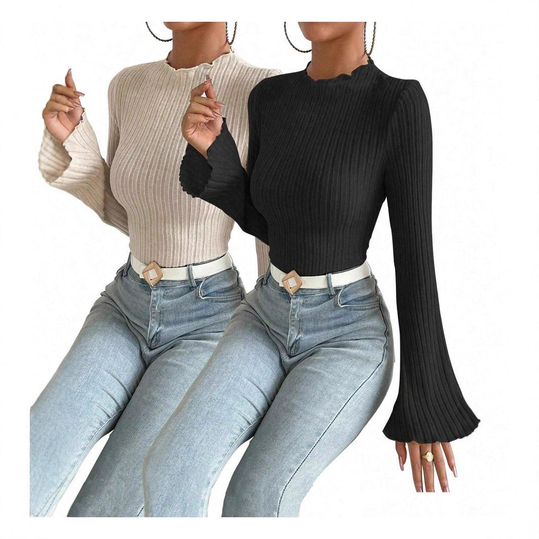 Long Sleeve Round Neck Brushed Sunken Stripe Solid Color Slim Fit Top