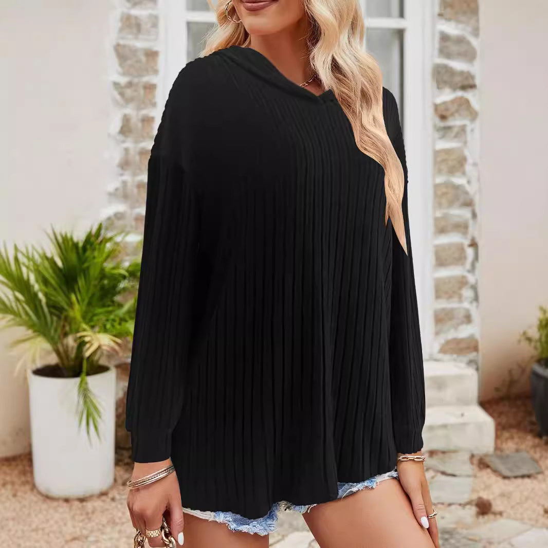 Loose-fitting Solid Color Long Sleeves Casual Sunken Stripe Hooded Sweater