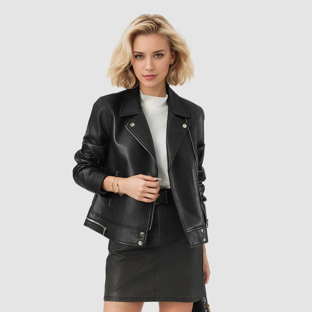 Women's Short Leather Jacket With A Turn-down Collar