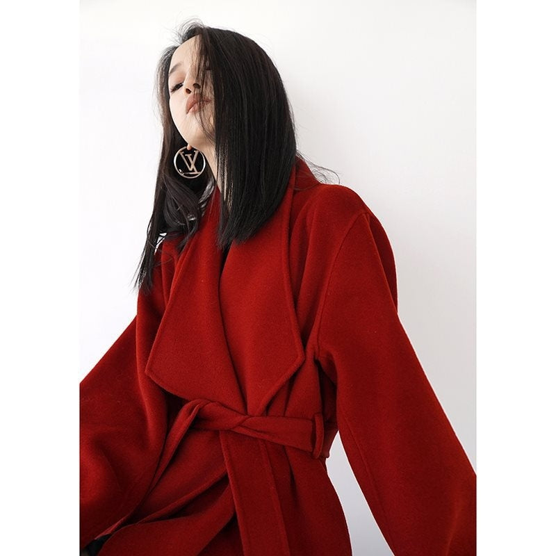 Handmade Red Wool Mid-length Cashmere Coat