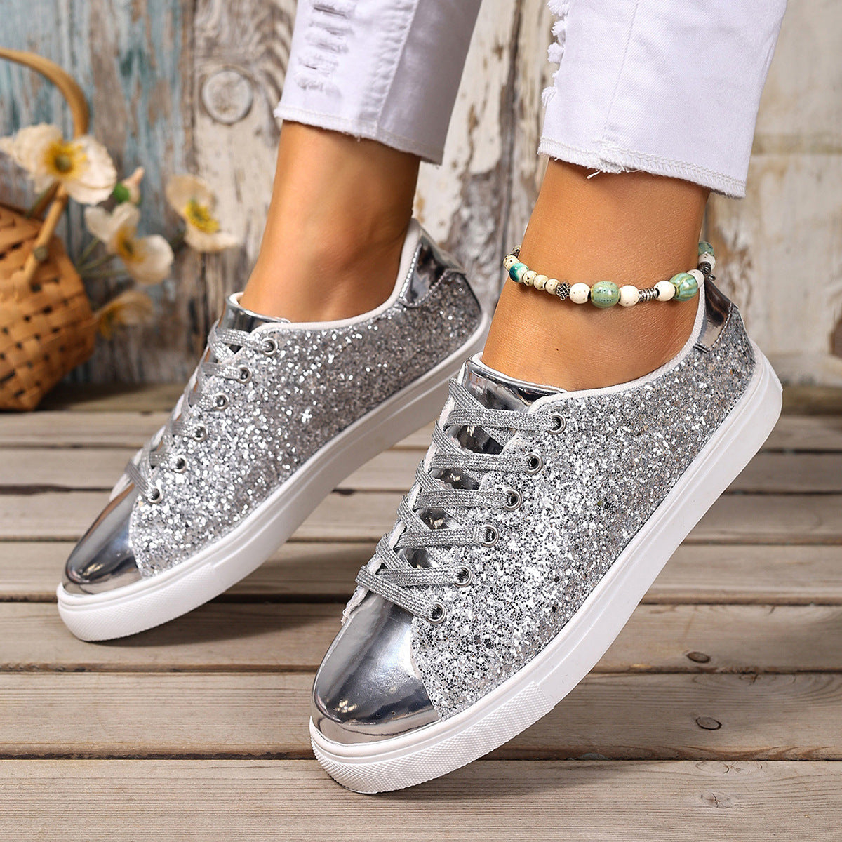 Plus Size Sequined Front Lace-up Solid Color Plus Size Board Shoes