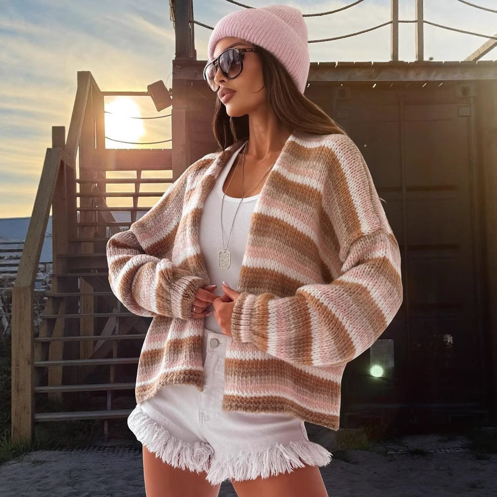 Rainbow Striped Sweaters Round Neck Long Sleeve Loose