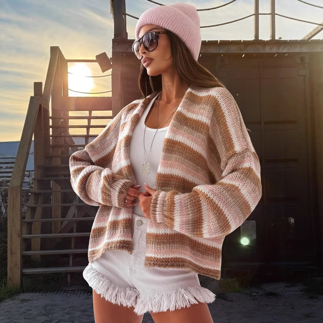 Rainbow Striped Sweaters Round Neck Long Sleeve Loose