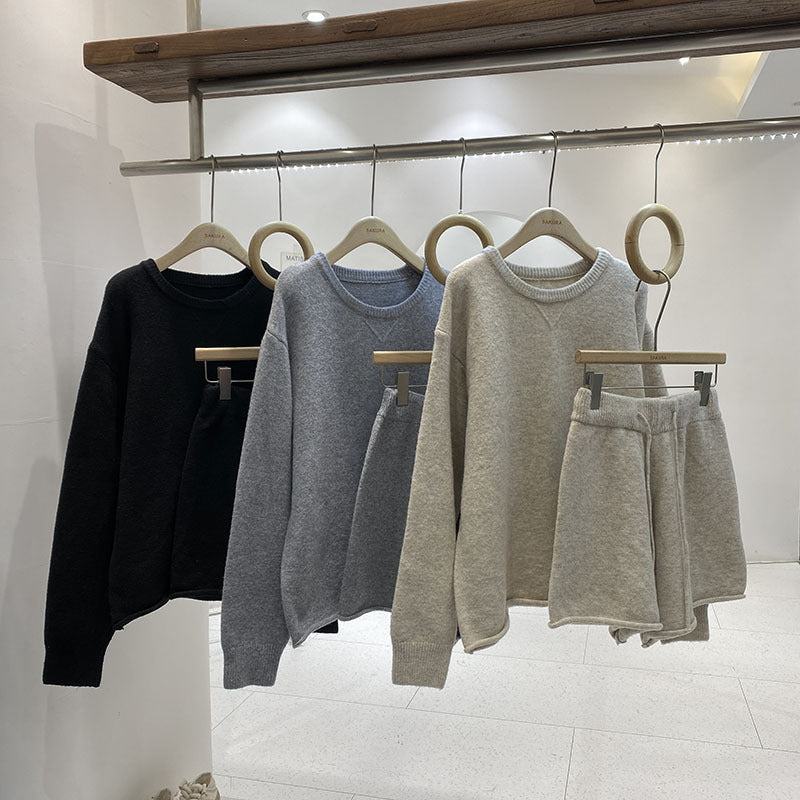 Loose-fitting Long Sleeve Sweater Knitted Wide Leg Shorts Two-piece Set