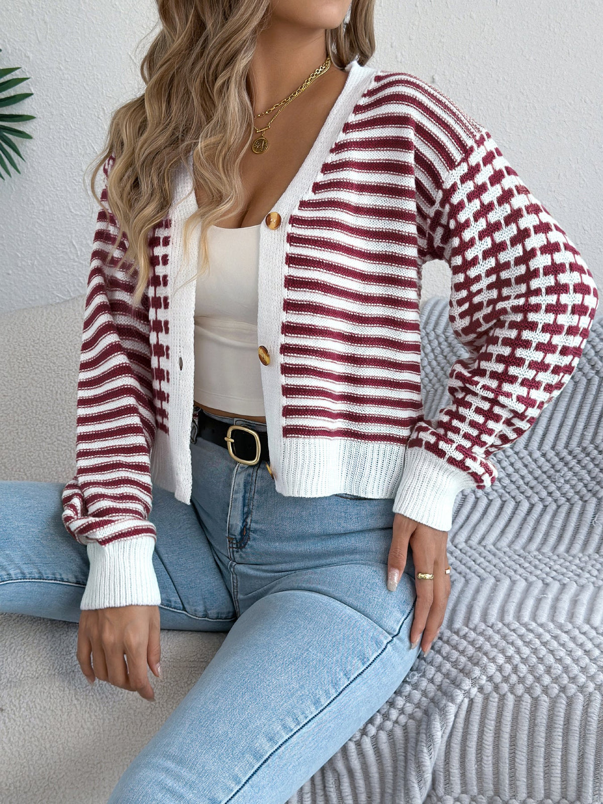 Women Color Block Stripe Lantern Sleeve Short Cardigan Sweater