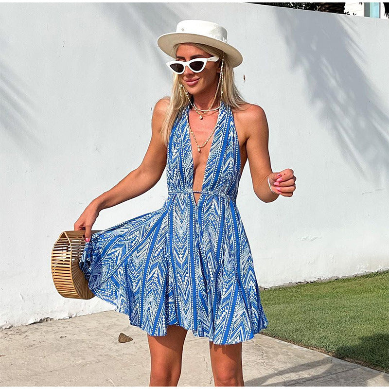 Vacation Style Backless Print Halter Beach Dress For Women