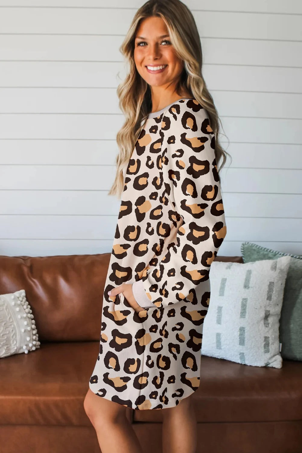 Women's Leopard-Print Casual Loose Crew-Neck Dress