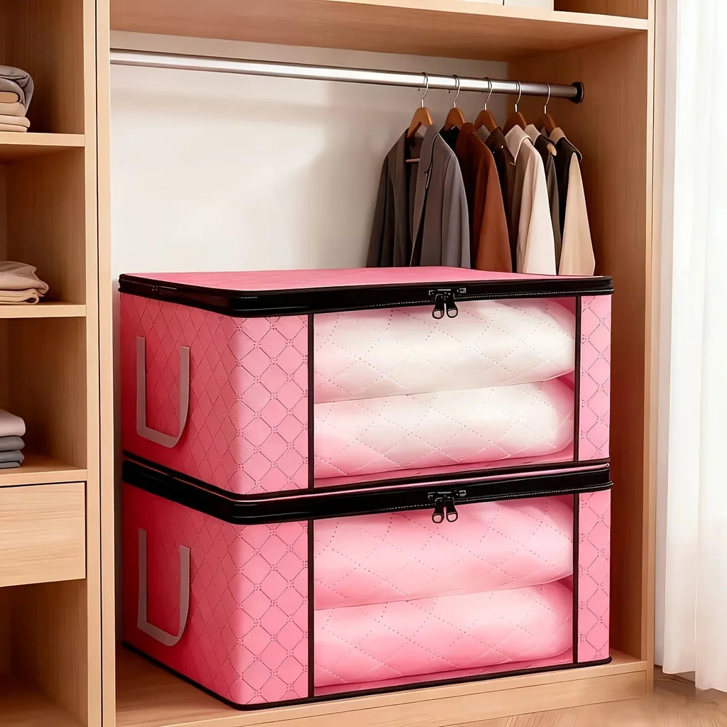 9 Pack Pink Foldable Storage Bags with Window Clothes Quilt Organisers Boxes Zip