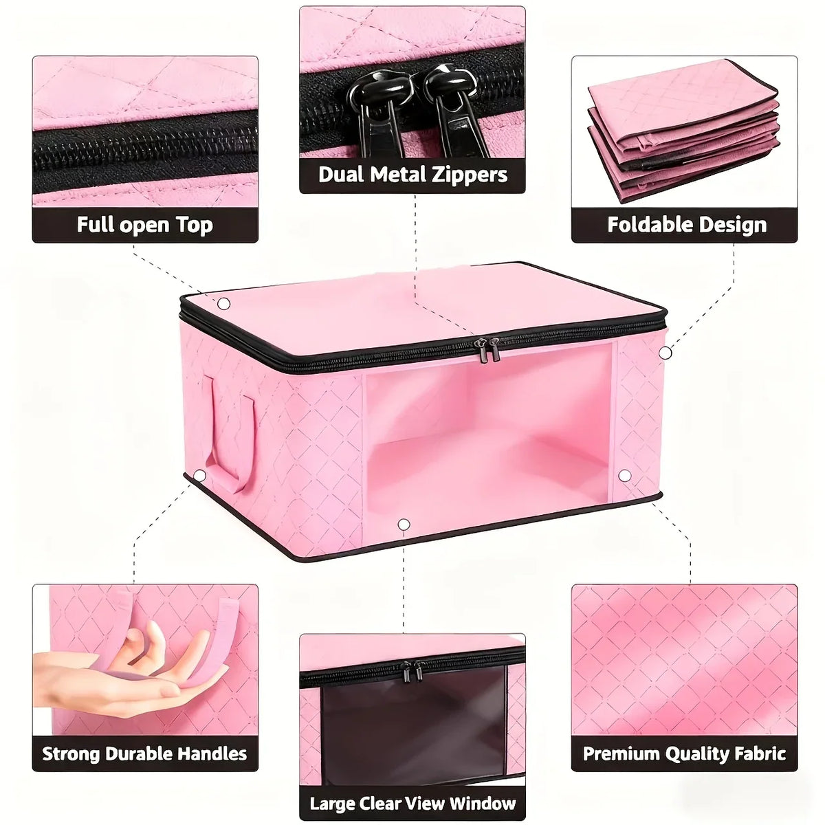 9 Pack Pink Foldable Storage Bags with Window Clothes Quilt Organisers Boxes Zip