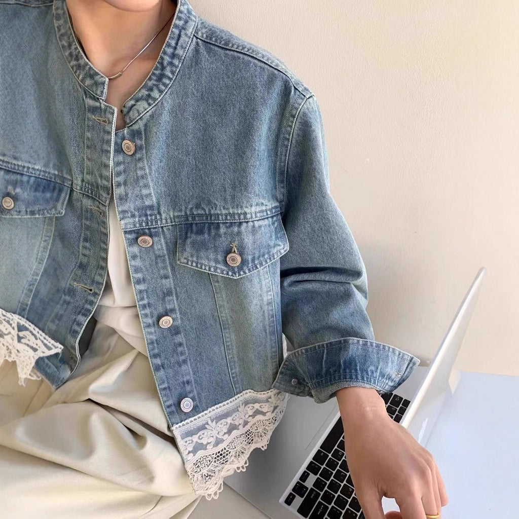 Retro Washed Small Stand Collar Lace Stitching Loose Casual Denim Coat Women's Short