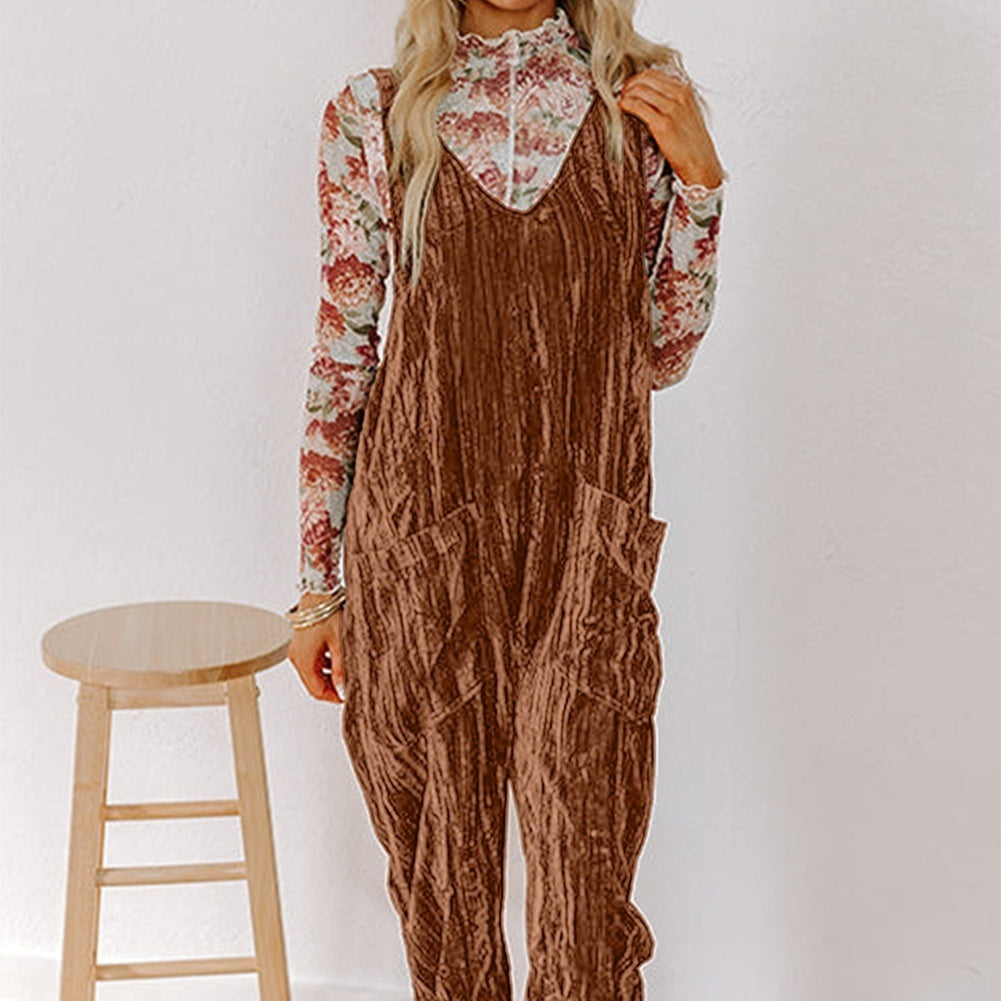 Chicory Coffee Velvet Adjustable Straps Patched Pocket Sleeveless Jumpsuit