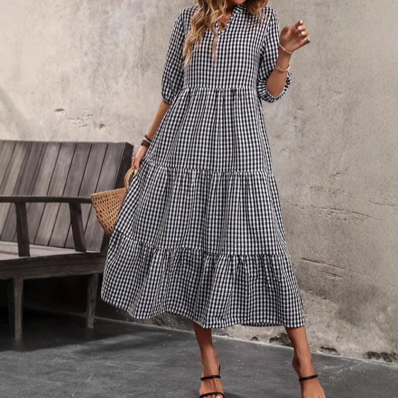Bubble-sleeve Crew-neck Loose-fit Dubai Dress