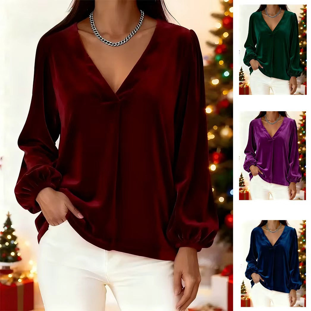 Velvet V-neck Elegant And Luxurious Lantern-sleeve Women's Top