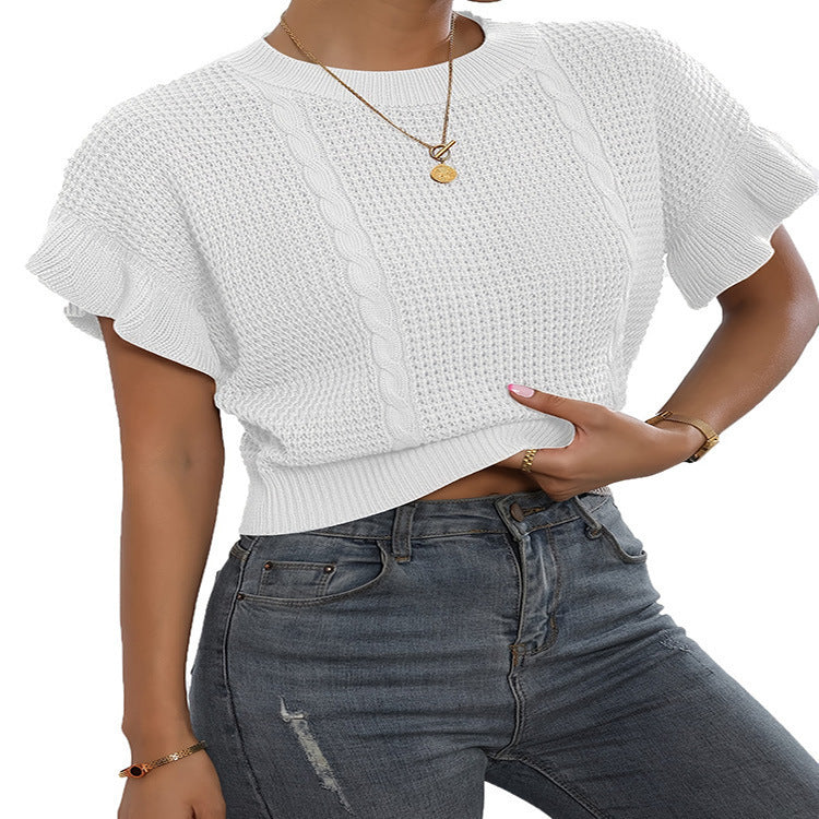 Twisted String Ruffled Short Sleeves Round Neck Knitted Pullover Knitted Sweater