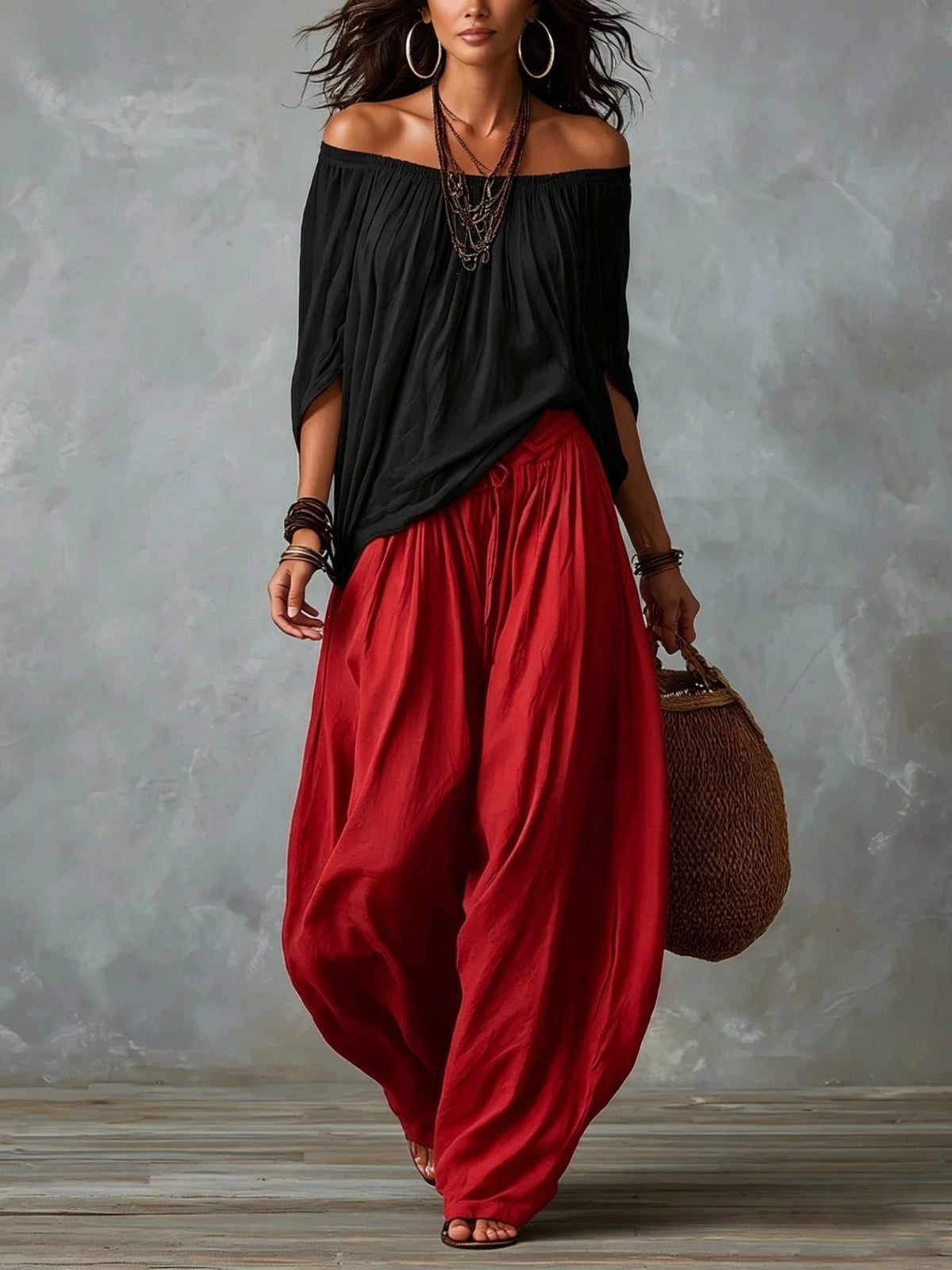 Women's Off-Shoulder Suit Long Sleeve Top And Flare Leg Pants Set - Loose Fit Casual Two Piece Outfit