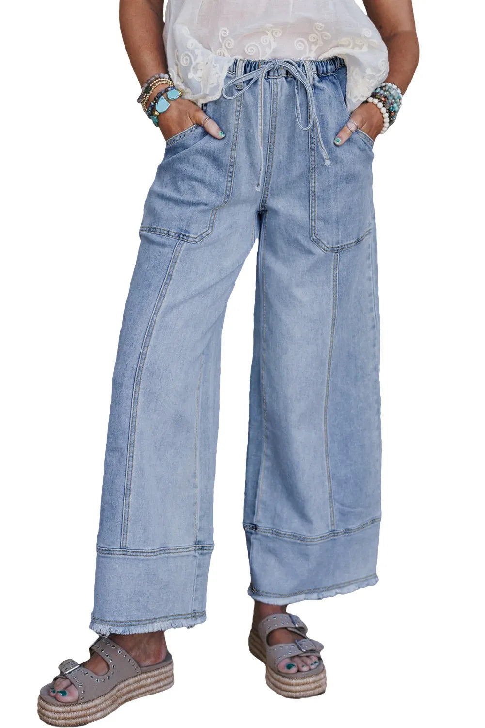 Beau Blue Drawstring Seam Detail Raw Hem Wide Leg Denim Pants