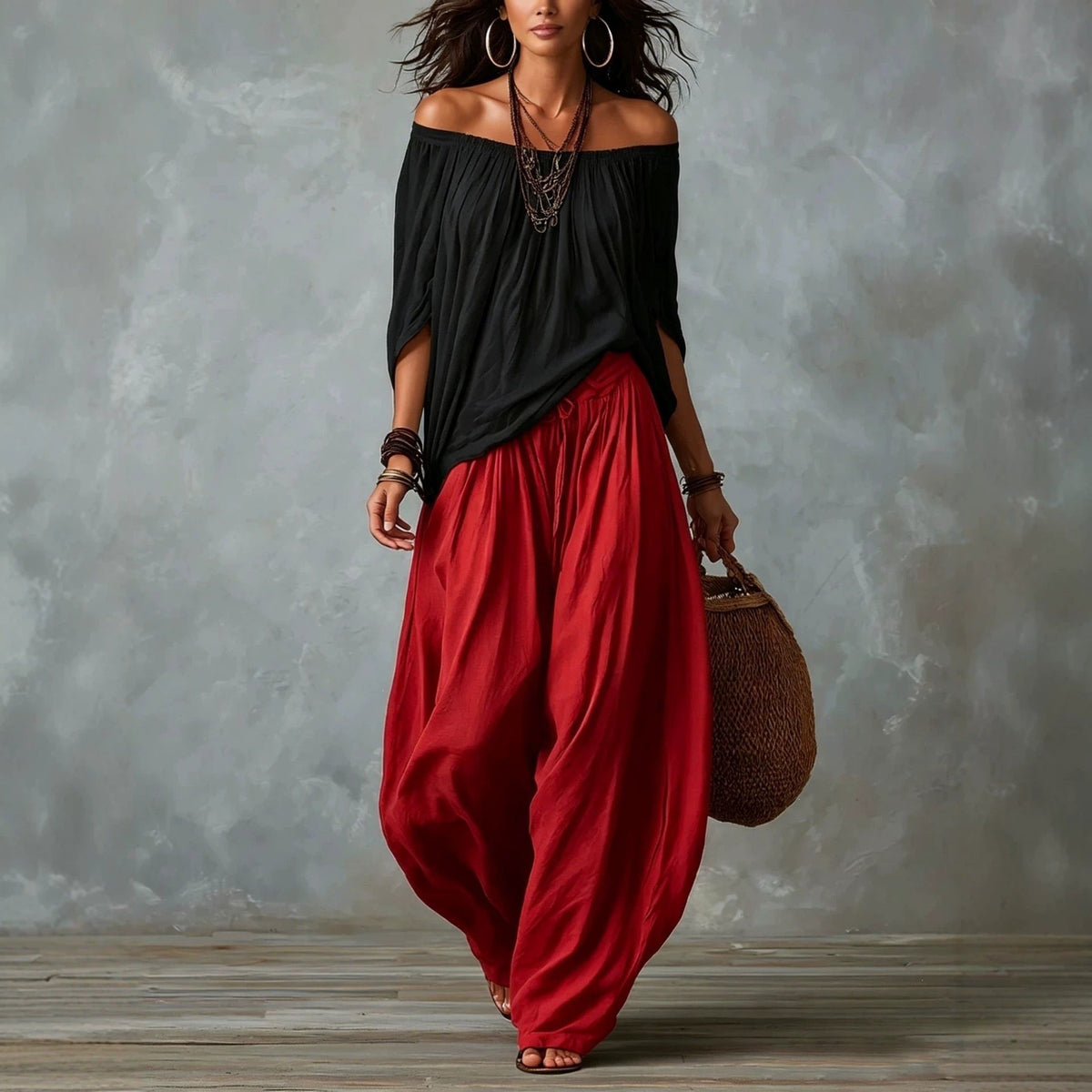 Women's Off-Shoulder Suit Long Sleeve Top And Flare Leg Pants Set - Loose Fit Casual Two Piece Outfit