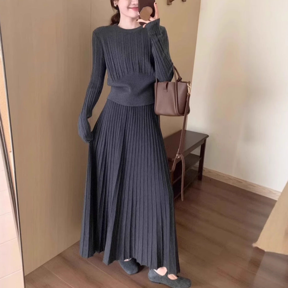Gray Knitted Temperament Long Dress Suit