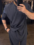 Men's Casual Long Sleeve Draped Top High Waist Pants Set
