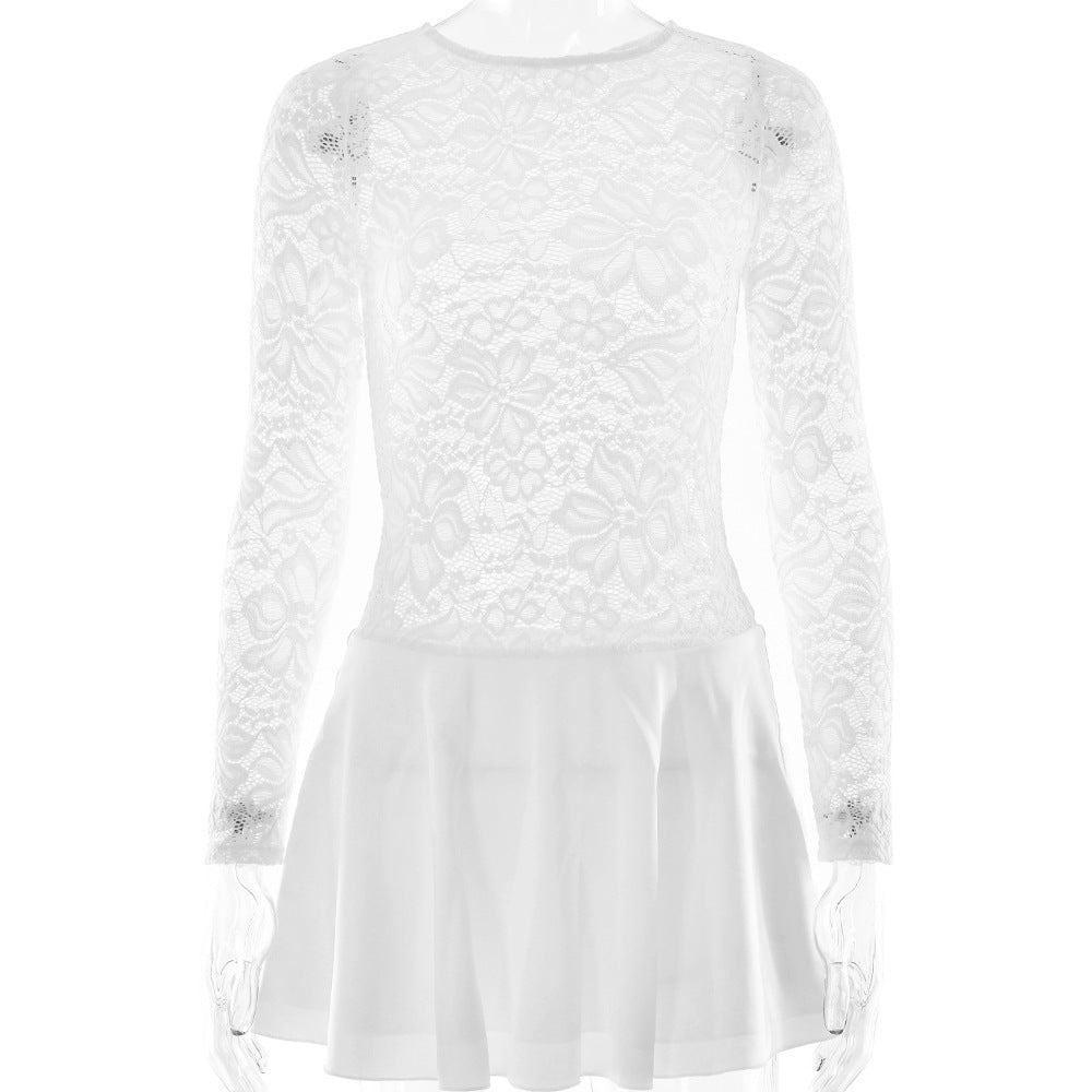 Lace Round Neck Hollow Out Slim-fitting Patchwork Dress