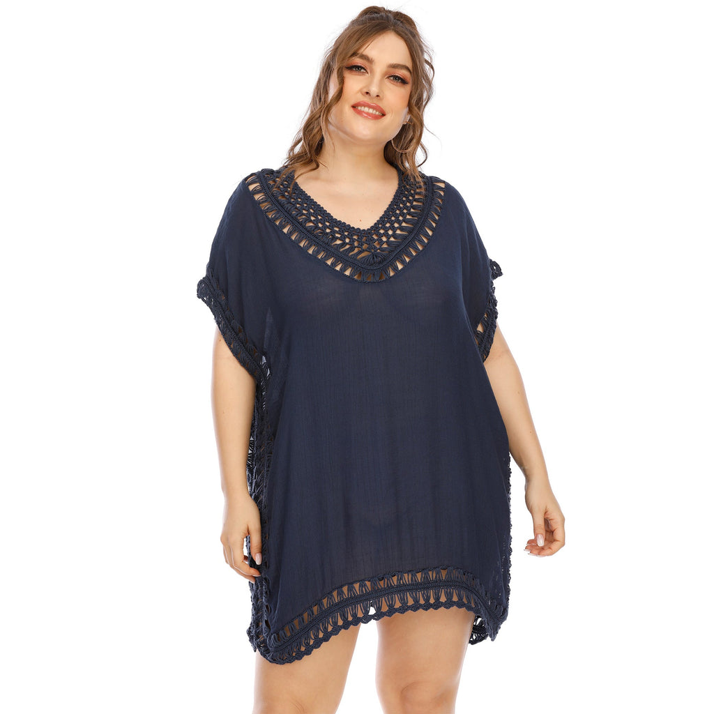 Women's Handmade V-neck Patchwork Solid Color Beach Dress