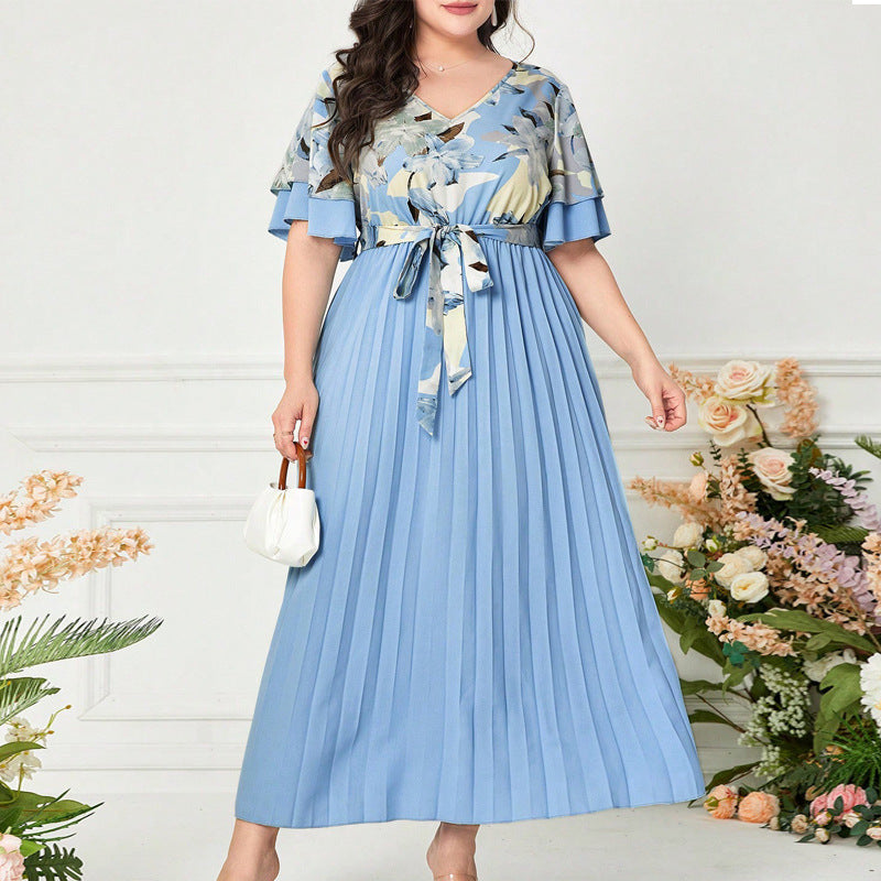 Printed V-neck Spliced Slim-fit Ladies Dress