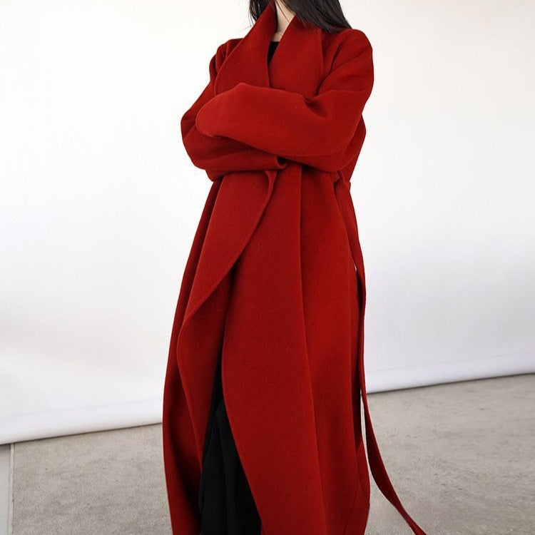 Handmade Red Wool Mid-length Cashmere Coat