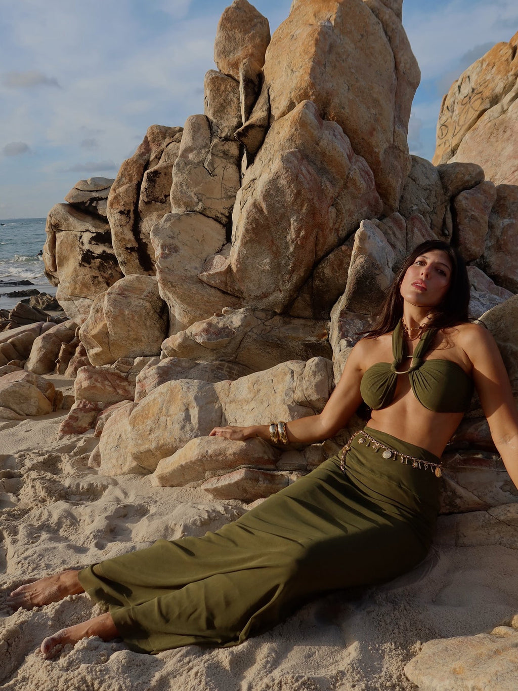 Olive Green Strappy Cropped Top & Hip-hugging Skirt Set