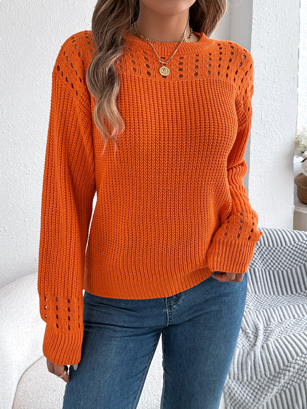 Women Casual Solid Color Hollow Out Lantern Sleeve Pullover Sweater