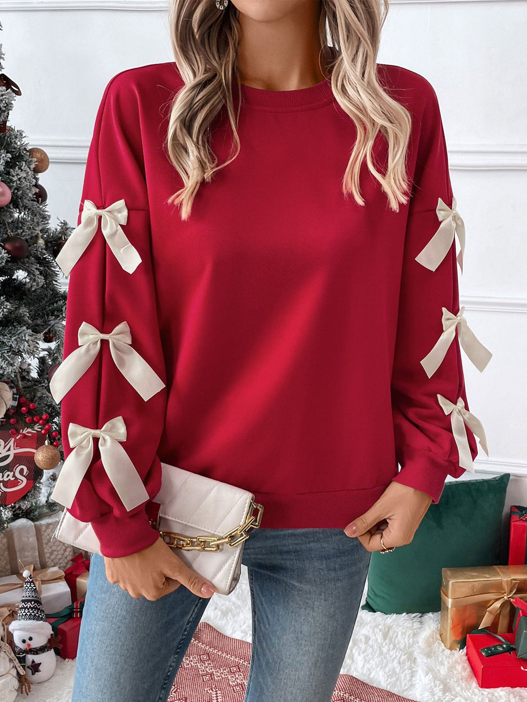 Hemp Bundle Pocket Round Neck Bow Red Christmas Sweater Girl