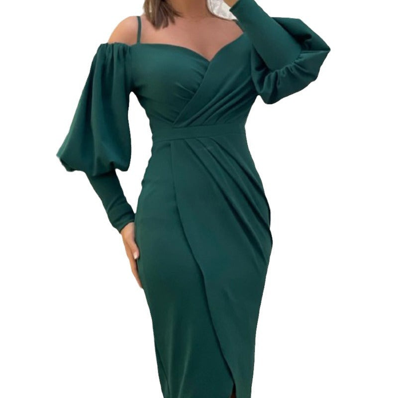 Women's Strapless Halter Neck Lantern-sleeve Waist Cinching Pleated Dress