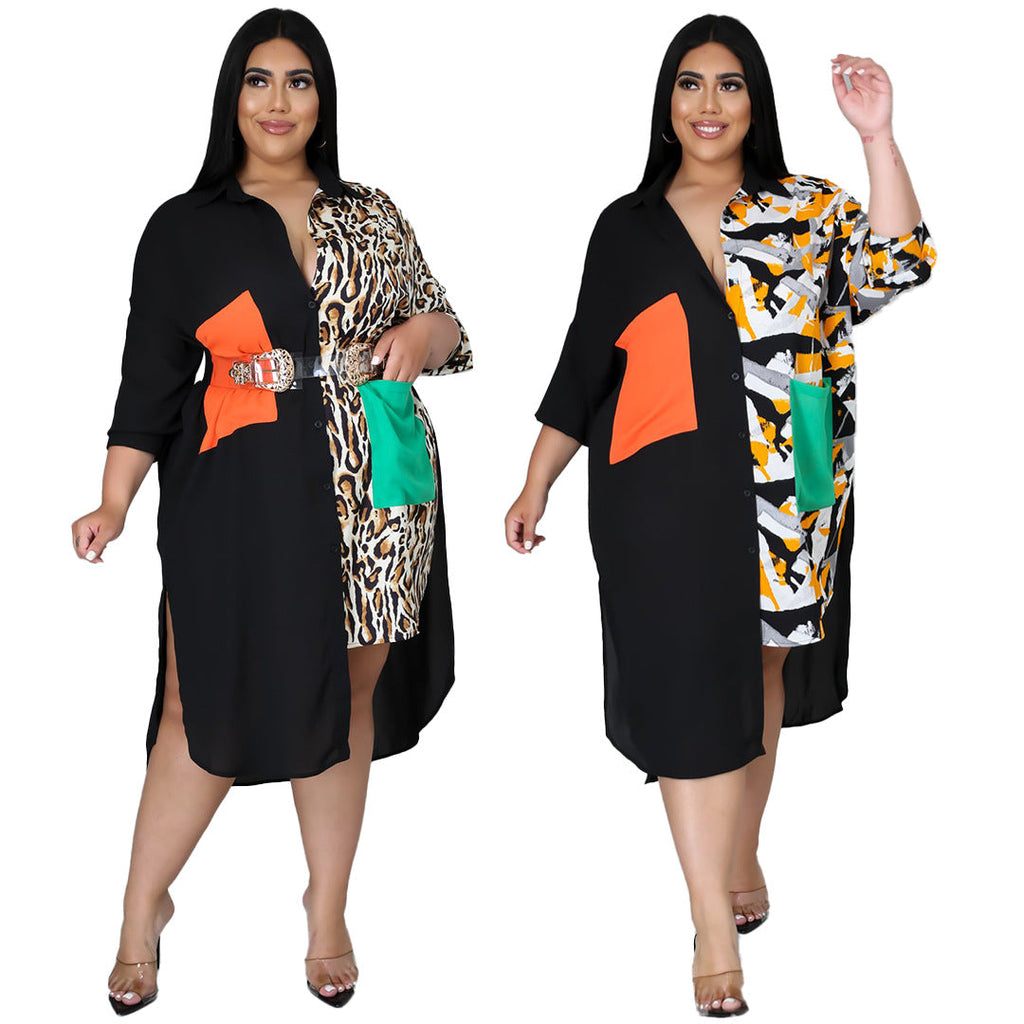 Distinctive Shirt Leopard-print Patchwork With Pockets Plus-size Dress