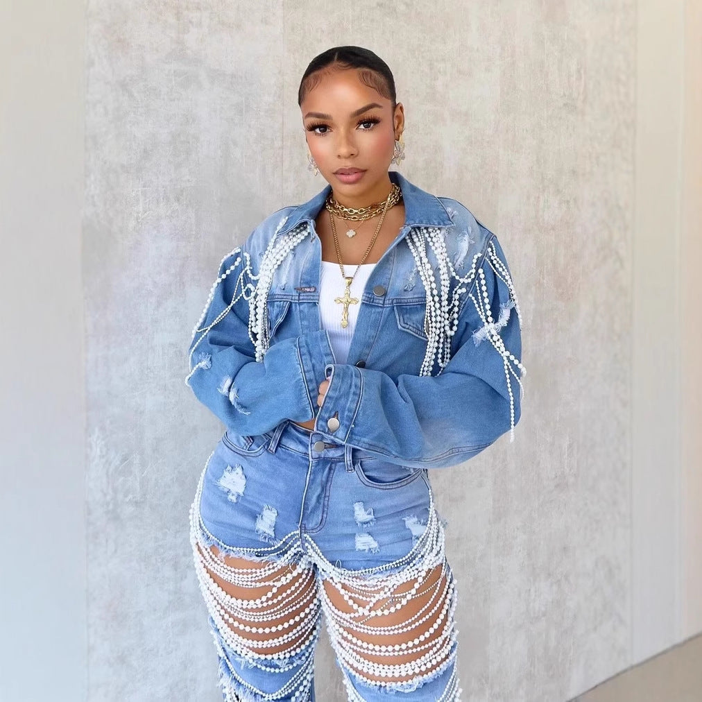 Fashionable Pearl-Chain Hand-Embroidered Beaded Denim Jacket