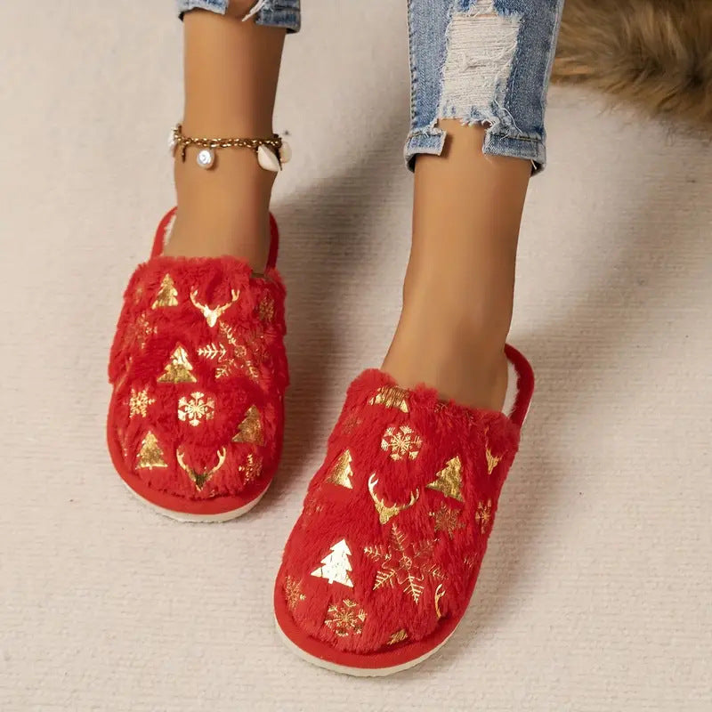 Christmas Plush Closed Toe Open Toe Cotton Slippers