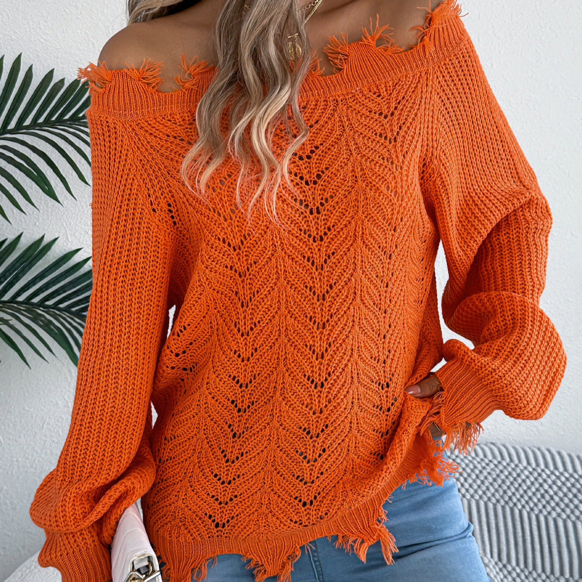 Hollow-out Long-sleeved Cut Off-the-shoulder Pullover Sweater