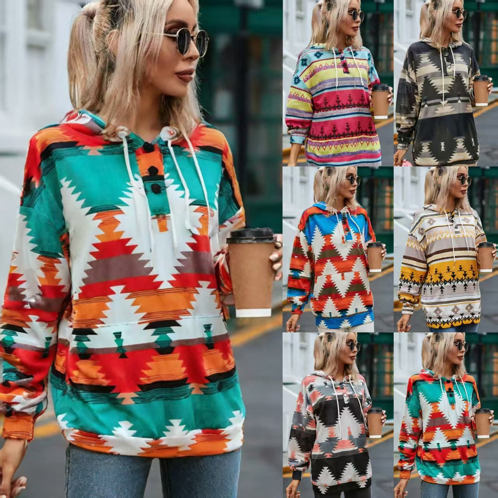 Geometric Pattern Long Sleeve Loose Hooded Button Pocket Sweatshirt