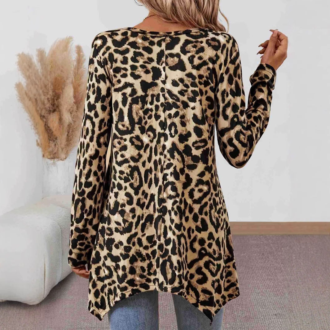 Loose-fitting Casual Round-neck Leopard Print Knitted Asymmetric Hem Top