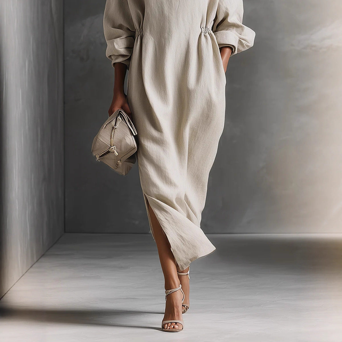 Women's Casual Chic Elegant Long Sleeve Lapel Split Dress