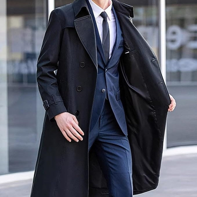 Premium Men's Long Trench Coat - Classic Solid Color Overcoat