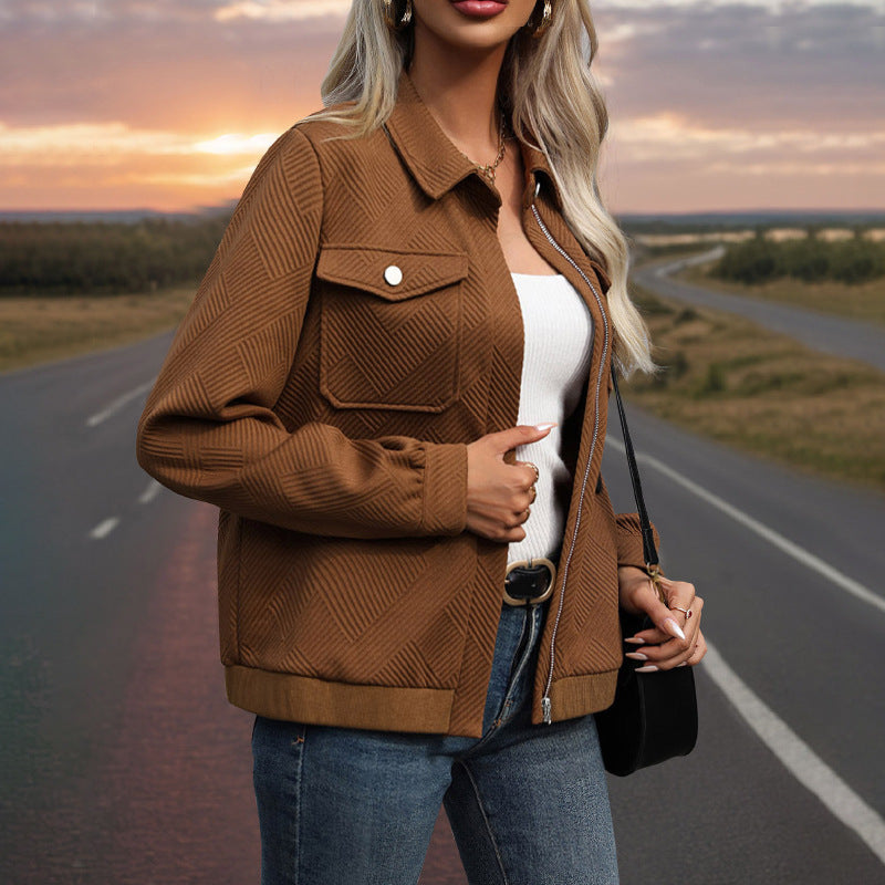 Women's Casual Lapel Texture Solid Color Long Sleeve Jacket