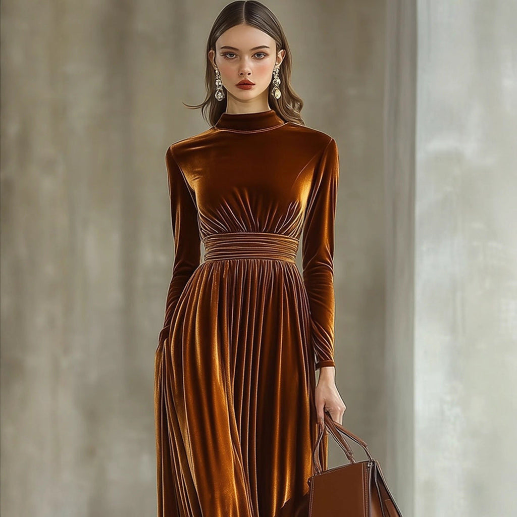 Pleuche Long Sleeve Dress Waist Slimming