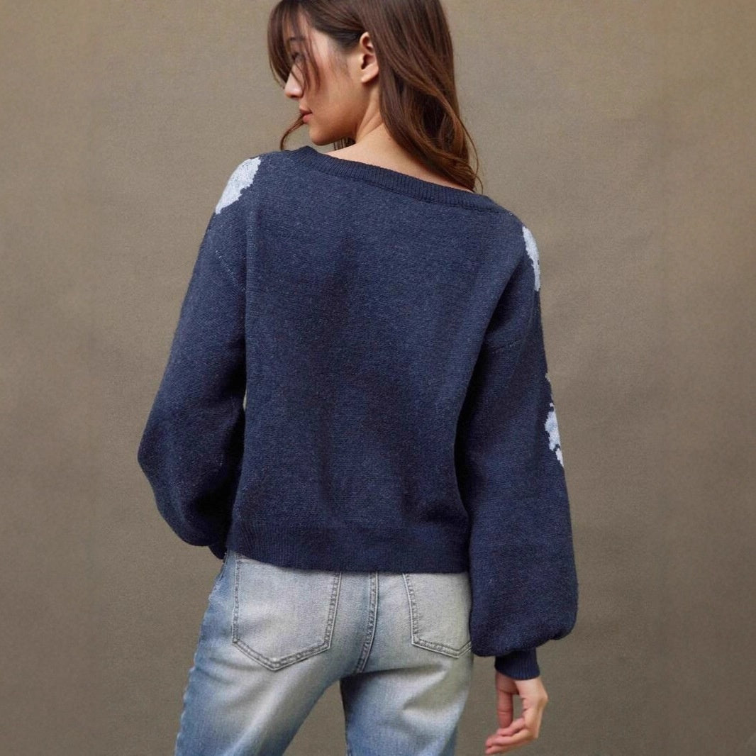 Off-neck Flower Jacquard Pullover Women's Loose Casual