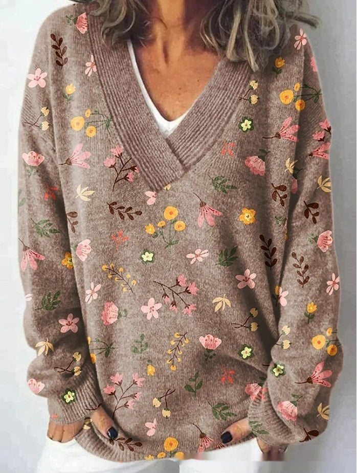Floral Pattern Printed V-neck Long Sleeve Casual Sweatshirt