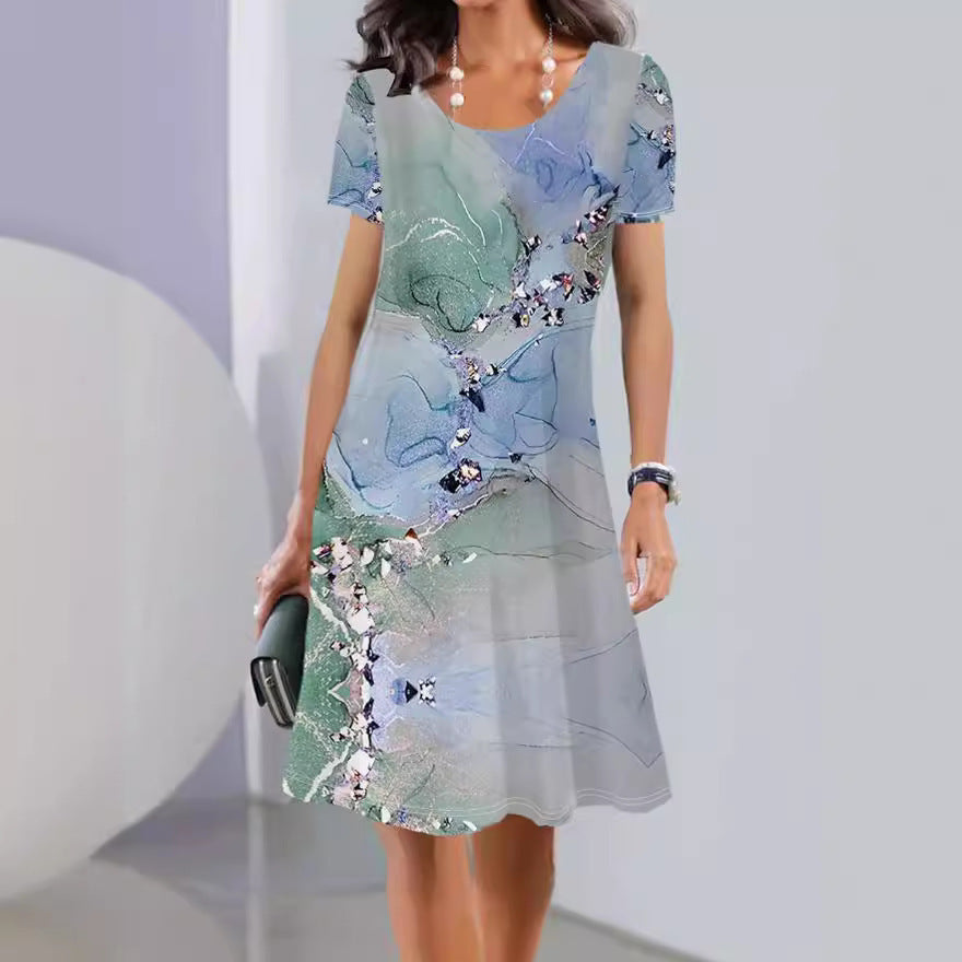Spring And Summer Print Short Sleeve Round Neck Mid-length Dress