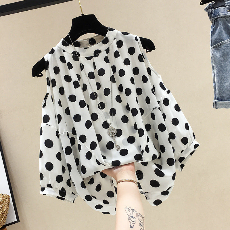 Loose-fitting Figure-flattering Polka-dot Off-shoulder Short-sleeve Chiffon Blouse