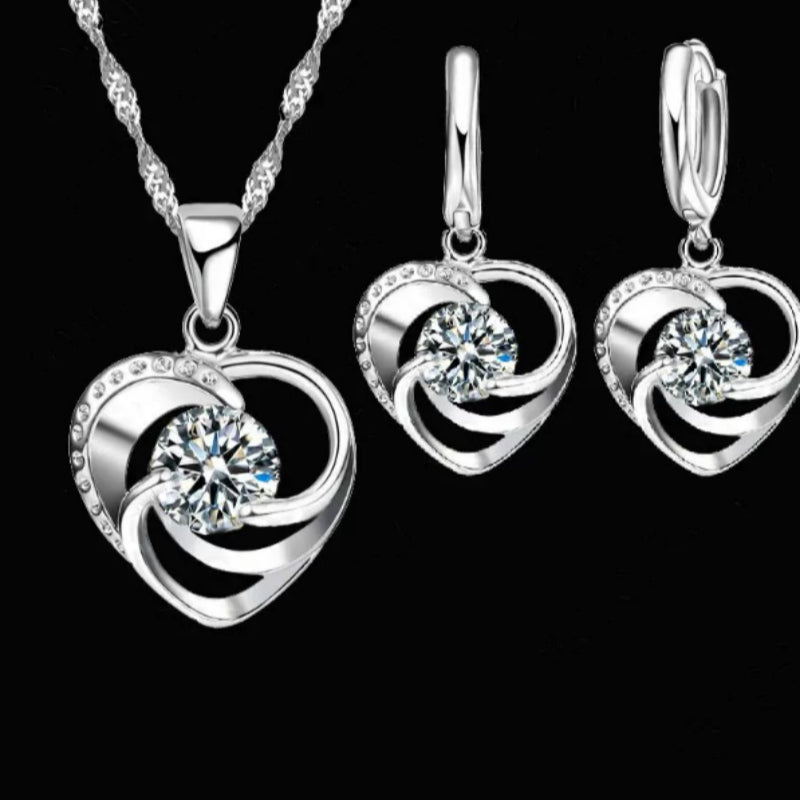 925 Sterling Silver Stamped Necklace Earrings Set Long Chain