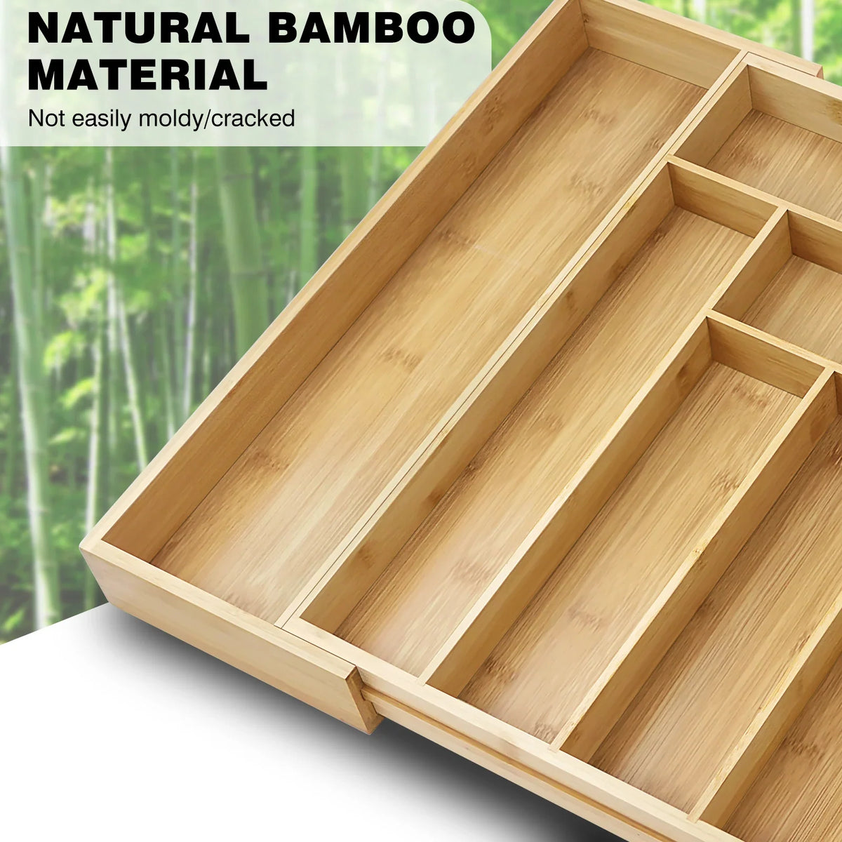 Wooden Bamboo Cutlery Tray Drawer - Large Expandable 6–8 Compartments Adjustable